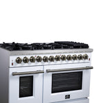 Forno Massimo 48 Inch Freestanding Dual Fuel Range in White with Antique Brass Accessories, 8 Burners, 6.58 cu. ft. Convection Oven - BonPrix Électroménagers