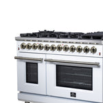 Forno Massimo 48 Inch Freestanding Dual Fuel Range in White with Antique Brass Accessories, 8 Burners, 6.58 cu. ft. Convection Oven - BonPrix Électroménagers