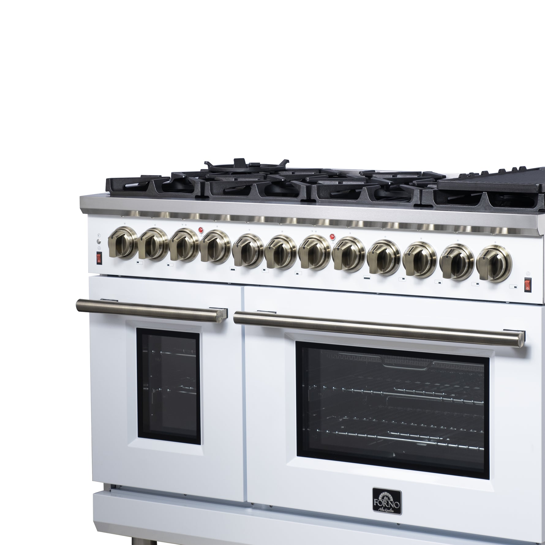 Forno Massimo 48 Inch Freestanding Dual Fuel Range in White with Antique Brass Accessories, 8 Burners, 6.58 cu. ft. Convection Oven - BonPrix Électroménagers