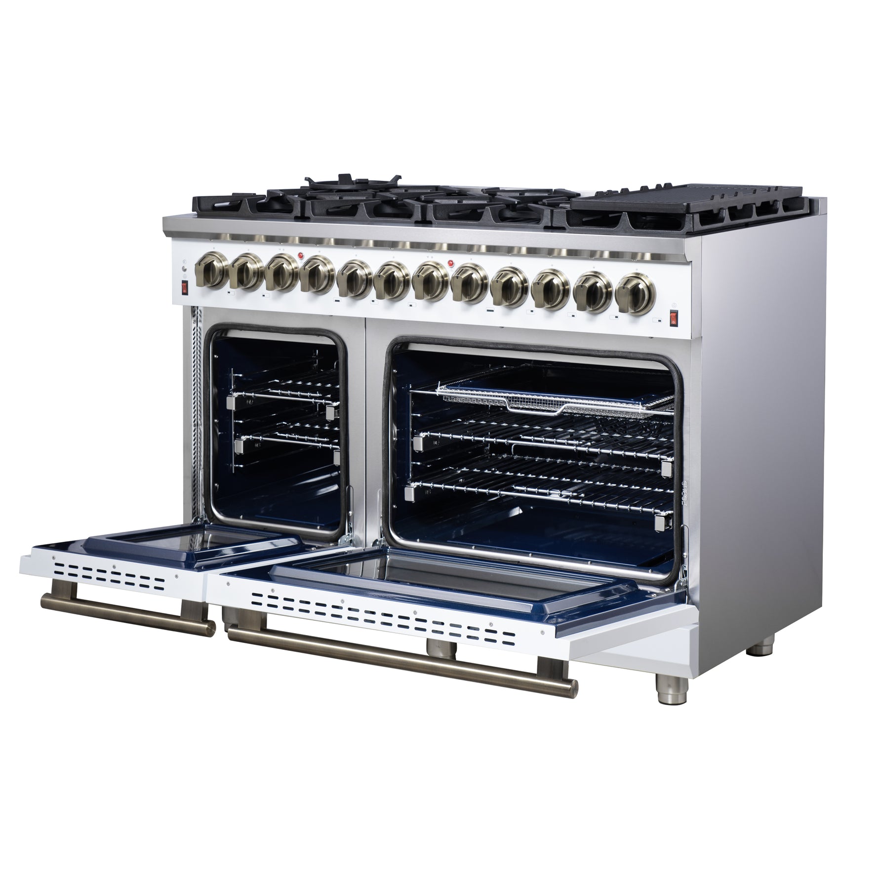 Forno Massimo 48 Inch Freestanding Dual Fuel Range in White with Antique Brass Accessories, 8 Burners, 6.58 cu. ft. Convection Oven - BonPrix Électroménagers