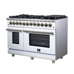 Forno Massimo 48 Inch Freestanding Dual Fuel Range in White with Antique Brass Accessories, 8 Burners, 6.58 cu. ft. Convection Oven - BonPrix Électroménagers