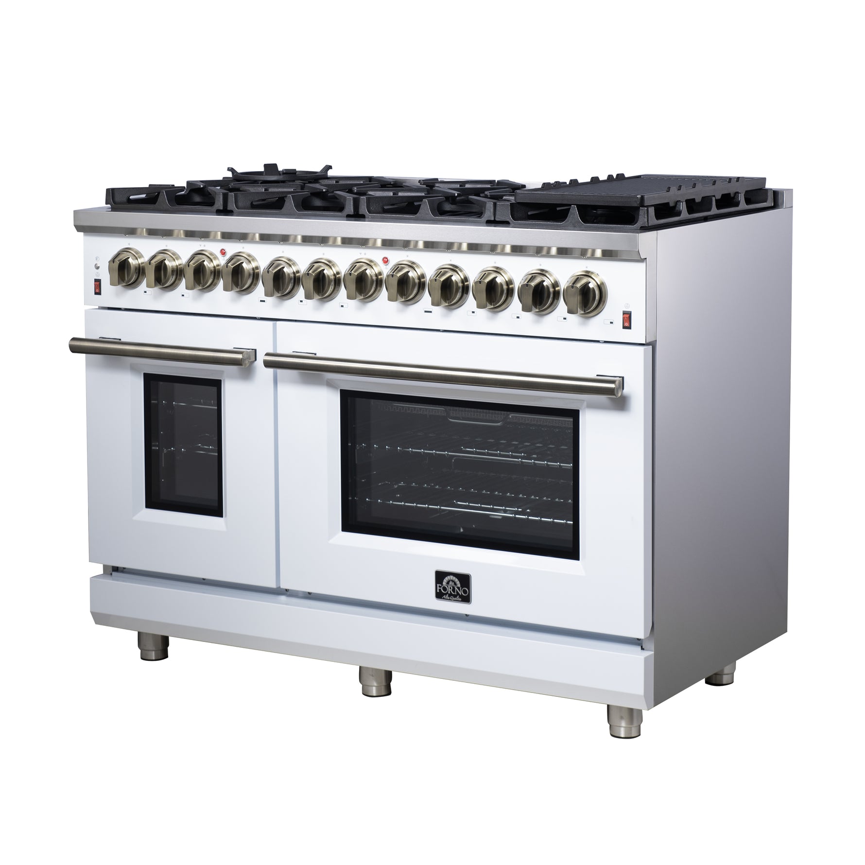 Forno Massimo 48 Inch Freestanding Dual Fuel Range in White with Antique Brass Accessories, 8 Burners, 6.58 cu. ft. Convection Oven - BonPrix Électroménagers