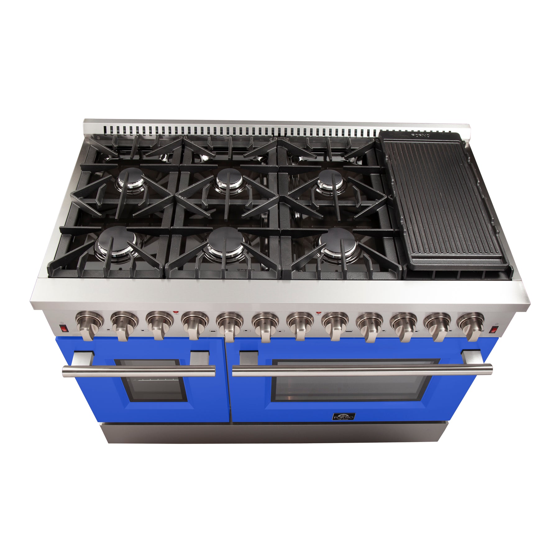 Forno Galiano 48-Inch Freestanding Dual Fuel Range, 8 Burners, Double Convection Ovens, Blue Doors - BonPrix Électroménagers