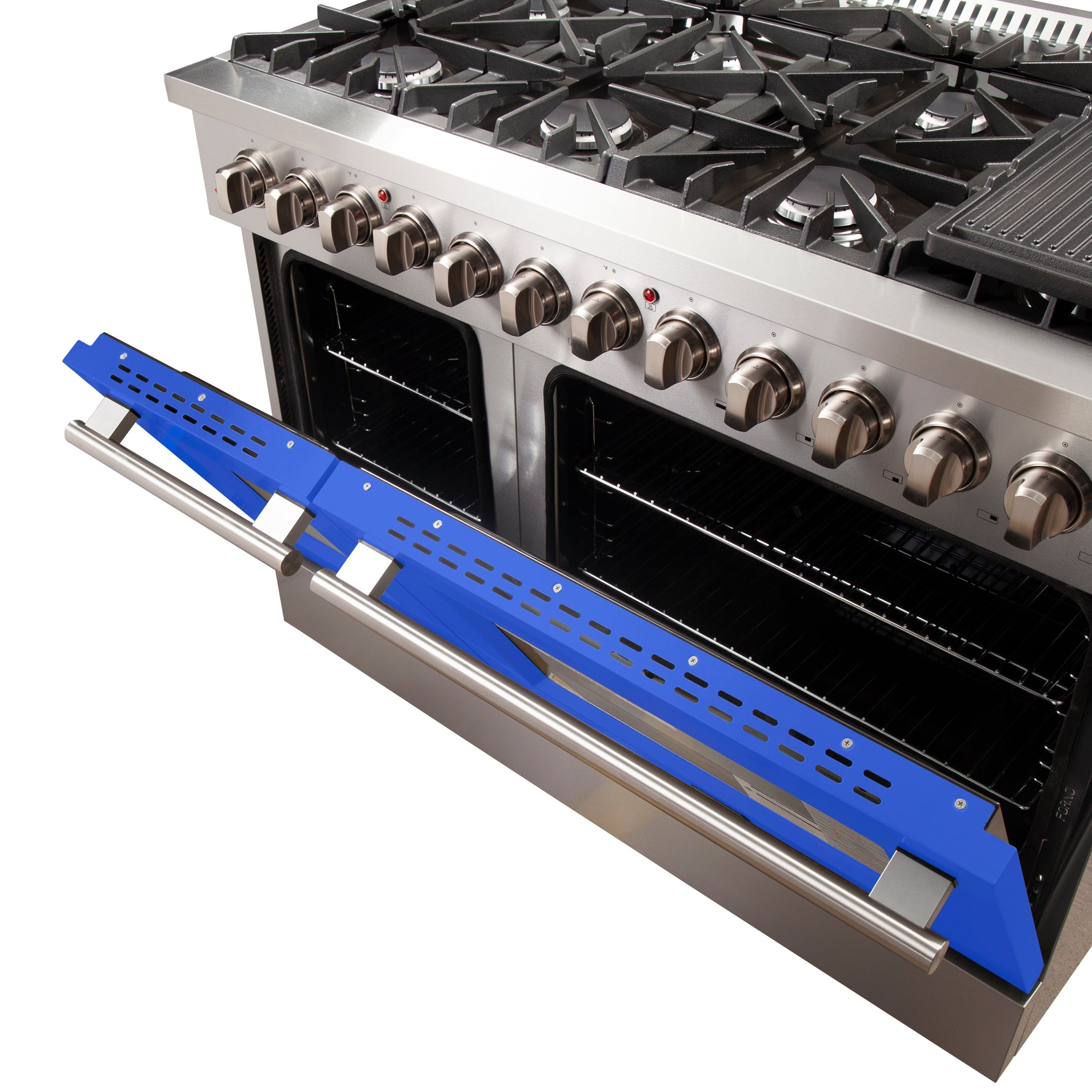 Forno Galiano 48-Inch Freestanding Dual Fuel Range, 8 Burners, Double Convection Ovens, Blue Doors - BonPrix Électroménagers