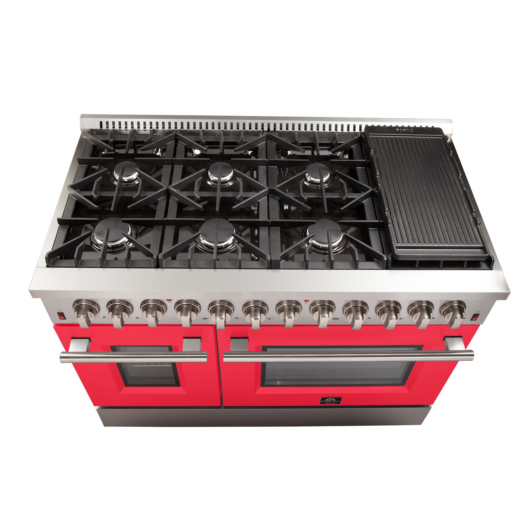 Forno Galiano 48-Inch Freestanding Dual Fuel Range, 8 Burners, Double Convection Ovens, Red Doors - BonPrix Électroménagers