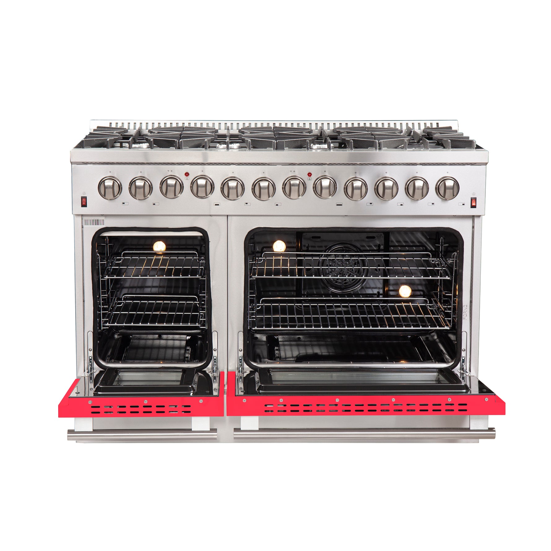 Forno Galiano 48-Inch Freestanding Dual Fuel Range, 8 Burners, Double Convection Ovens, Red Doors - BonPrix Électroménagers