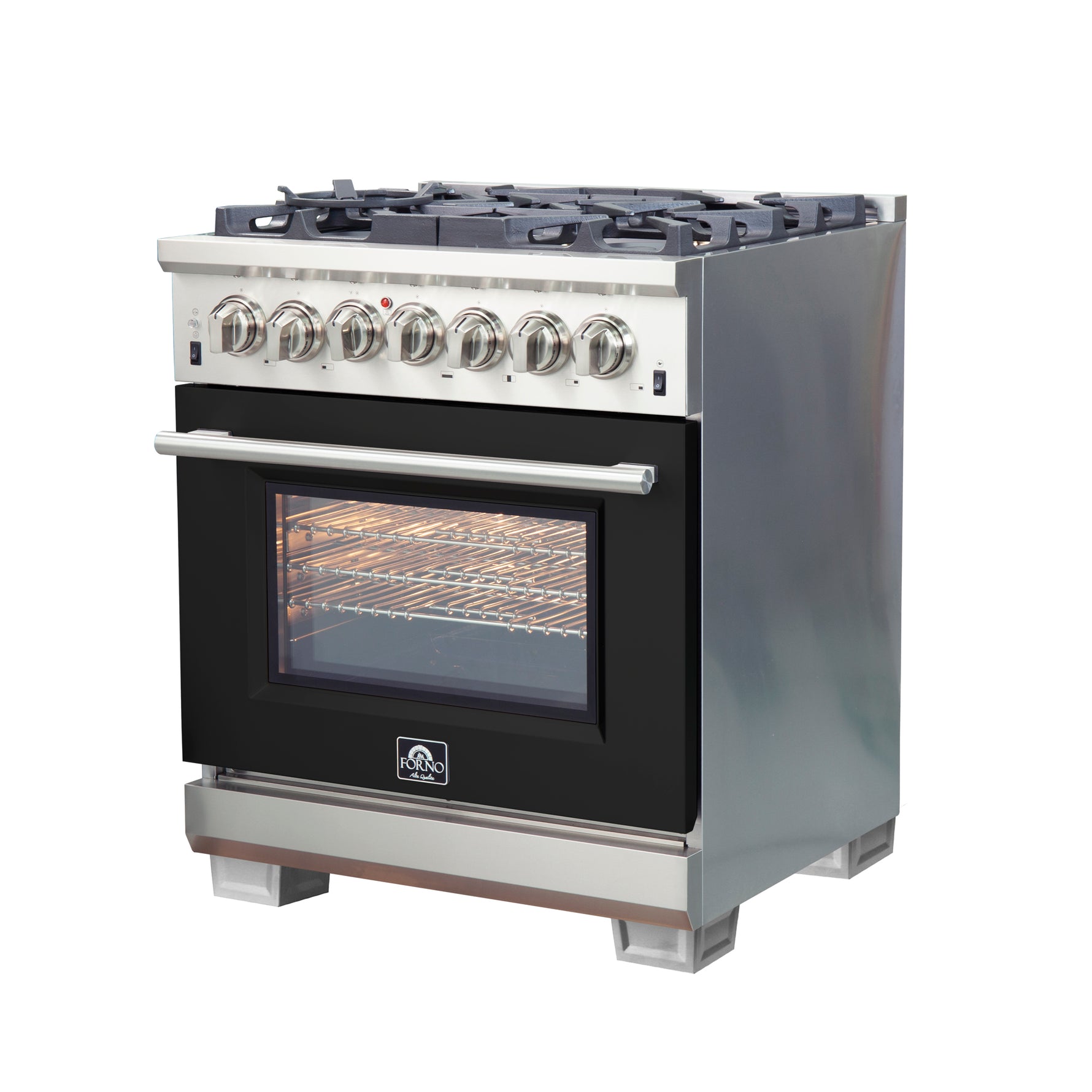 Forno Capriasca 30-Inch Freestanding Dual Fuel Range, 4 Burners, True Convection Oven, Black Door - BonPrix Électroménagers