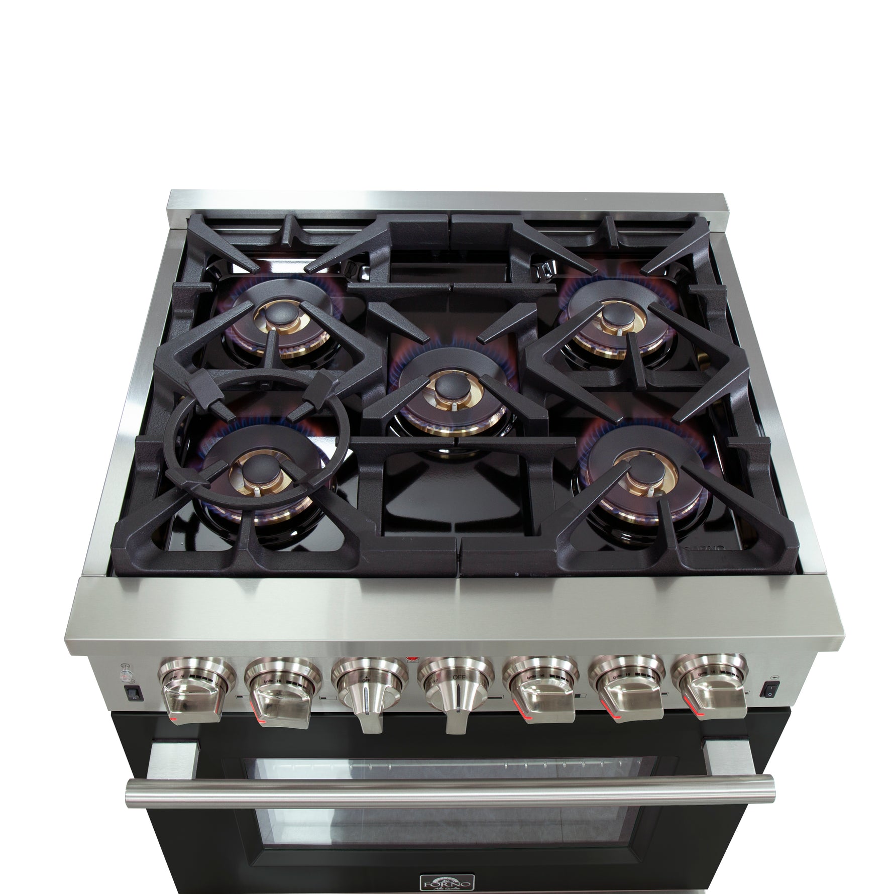 Forno Capriasca 30-Inch Freestanding Dual Fuel Range, 4 Burners, True Convection Oven, Black Door - BonPrix Électroménagers