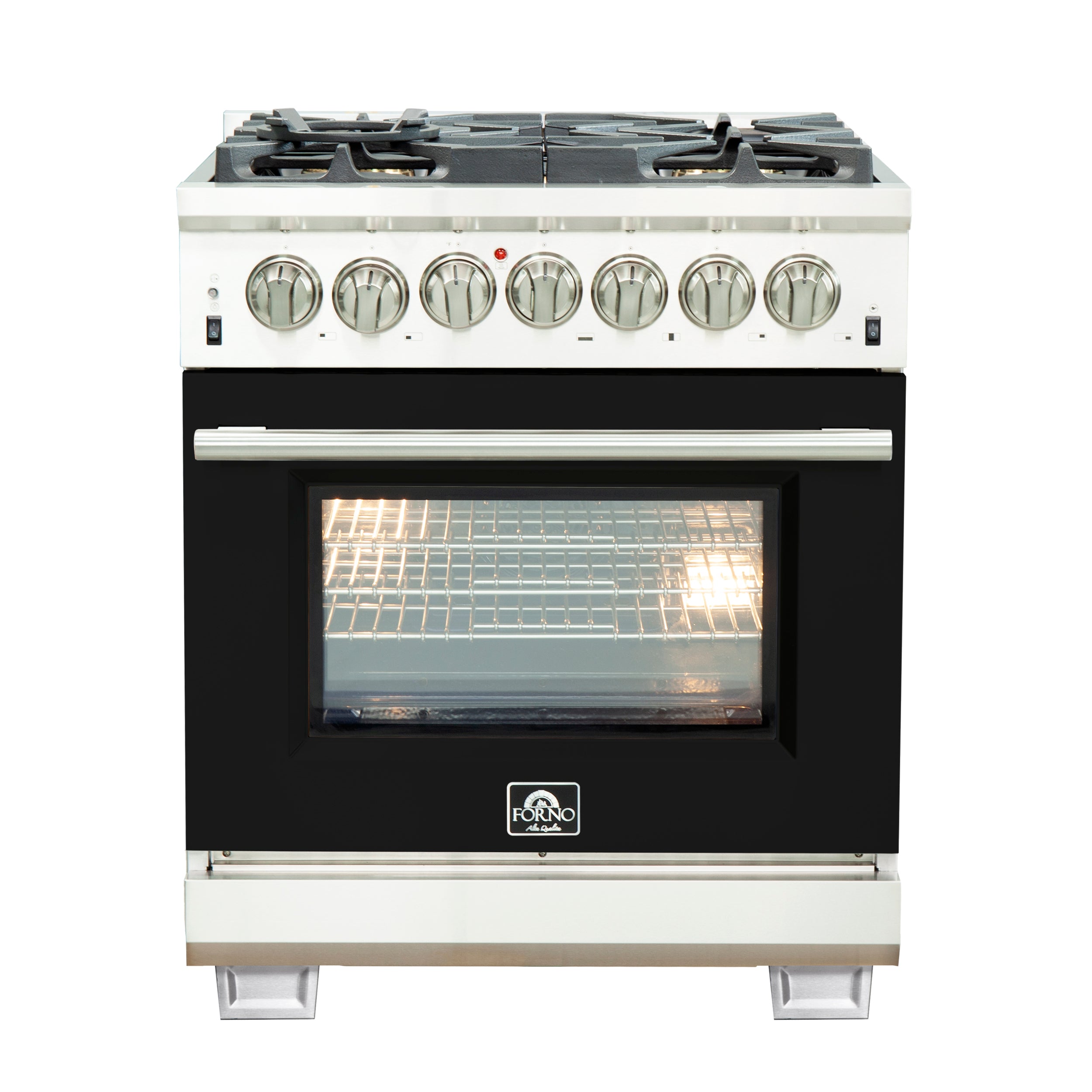 Forno Capriasca 30-Inch Freestanding Dual Fuel Range, 4 Burners, True Convection Oven, Black Door - BonPrix Électroménagers