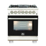 Forno Capriasca 30-Inch Freestanding Dual Fuel Range, 4 Burners, True Convection Oven, Black Door - BonPrix Électroménagers