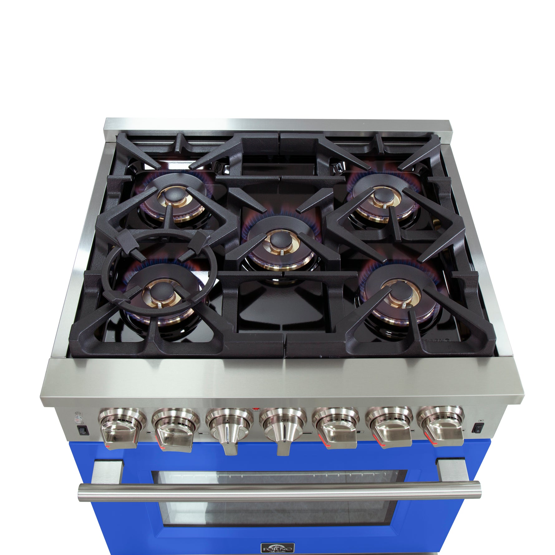 Forno Capriasca 30-Inch Freestanding Dual Fuel Range, 4 Burners, True Convection Oven, Blue Door - BonPrix Électroménagers