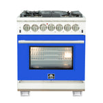 Forno Capriasca 30-Inch Freestanding Dual Fuel Range, 4 Burners, True Convection Oven, Blue Door - BonPrix Électroménagers