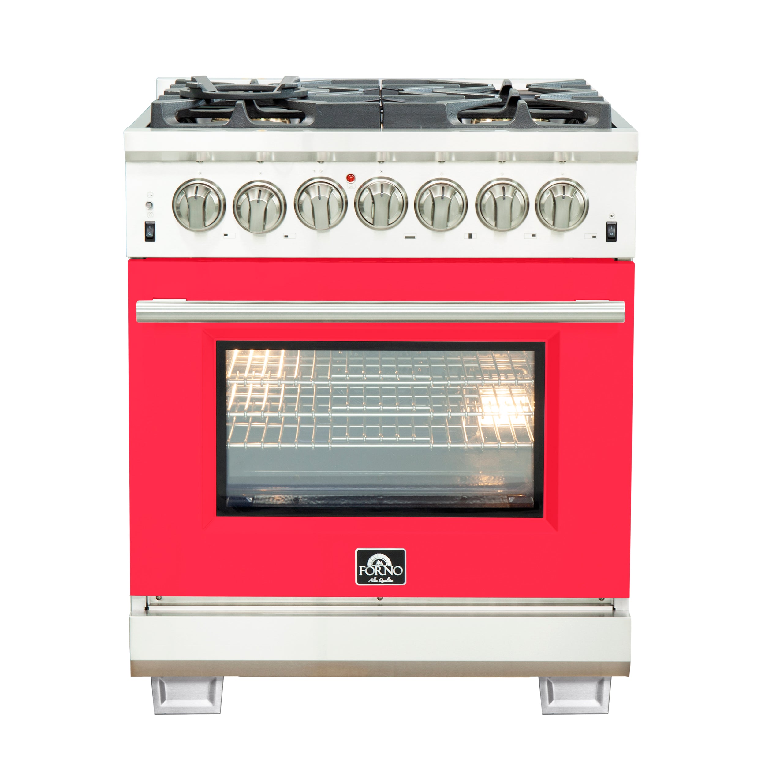 Forno Capriasca 30-Inch Freestanding Dual Fuel Range, 4 Burners, True Convection Oven, Red Door - BonPrix Électroménagers