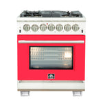 Forno Capriasca 30-Inch Freestanding Dual Fuel Range, 4 Burners, True Convection Oven, Red Door - BonPrix Électroménagers