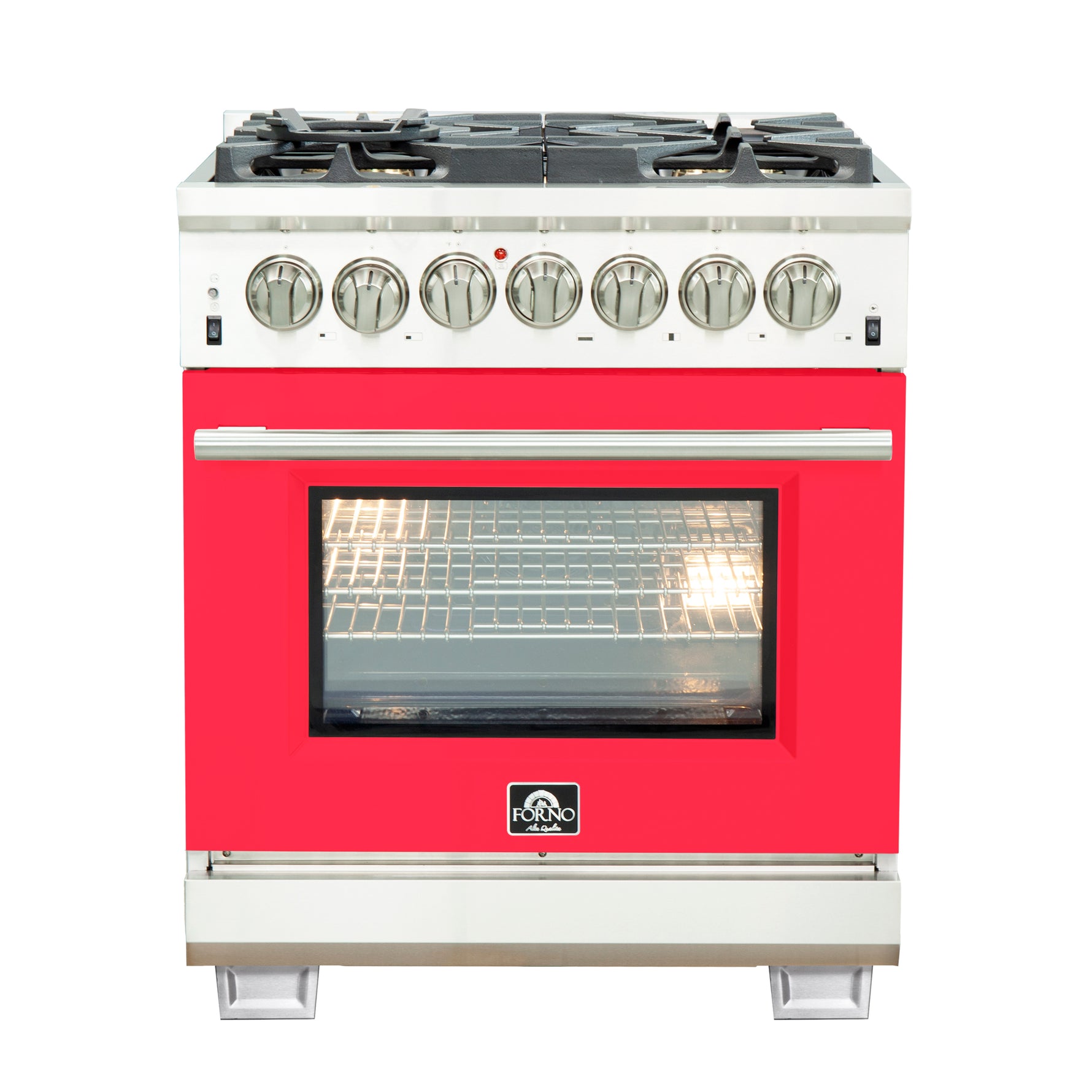 Forno Capriasca 30-Inch Freestanding Dual Fuel Range, 4 Burners, True Convection Oven, Red Door - BonPrix Électroménagers