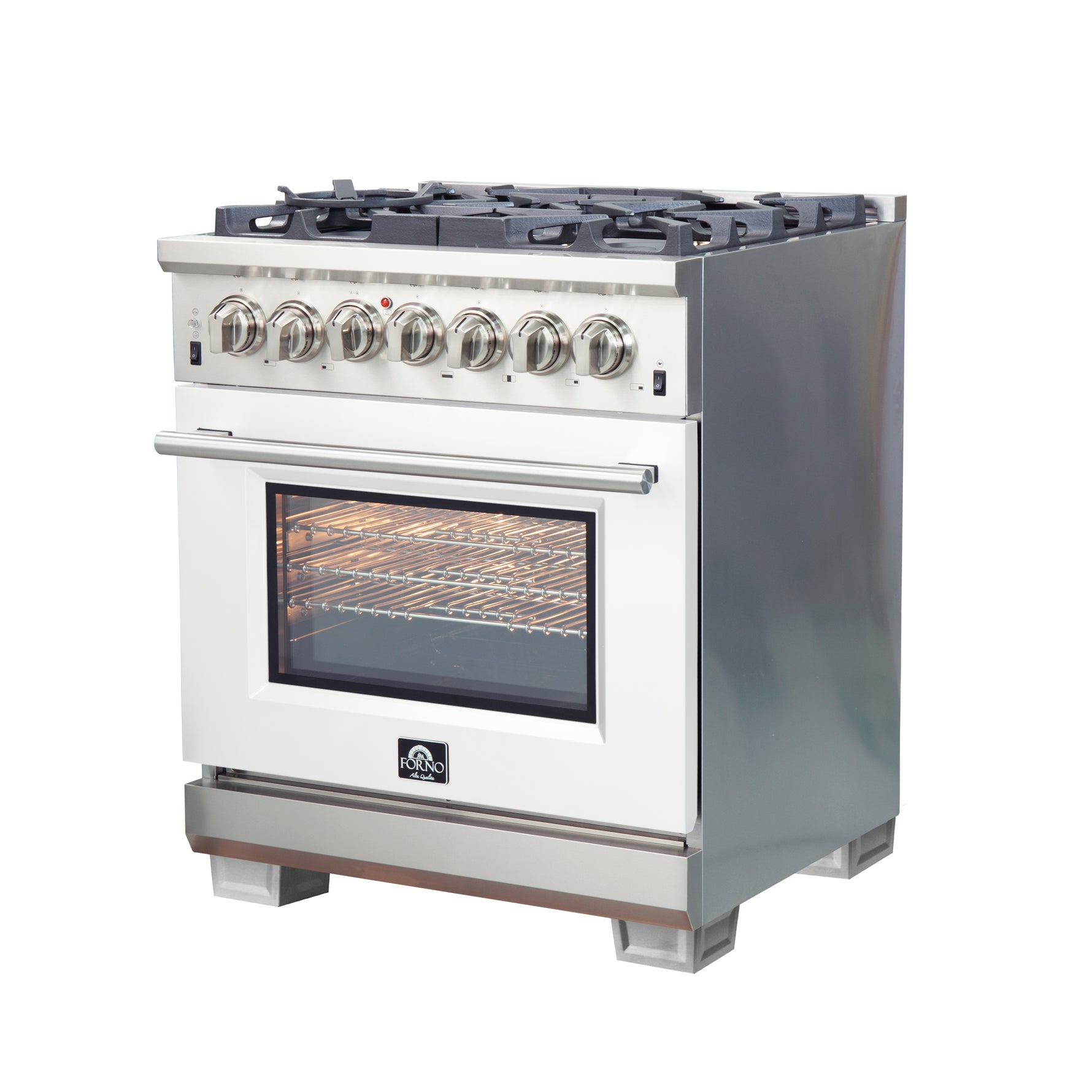 Forno Capriasca 30-Inch Freestanding Dual Fuel Range, 4 Burners, True Convection Oven, White Door - BonPrix Électroménagers