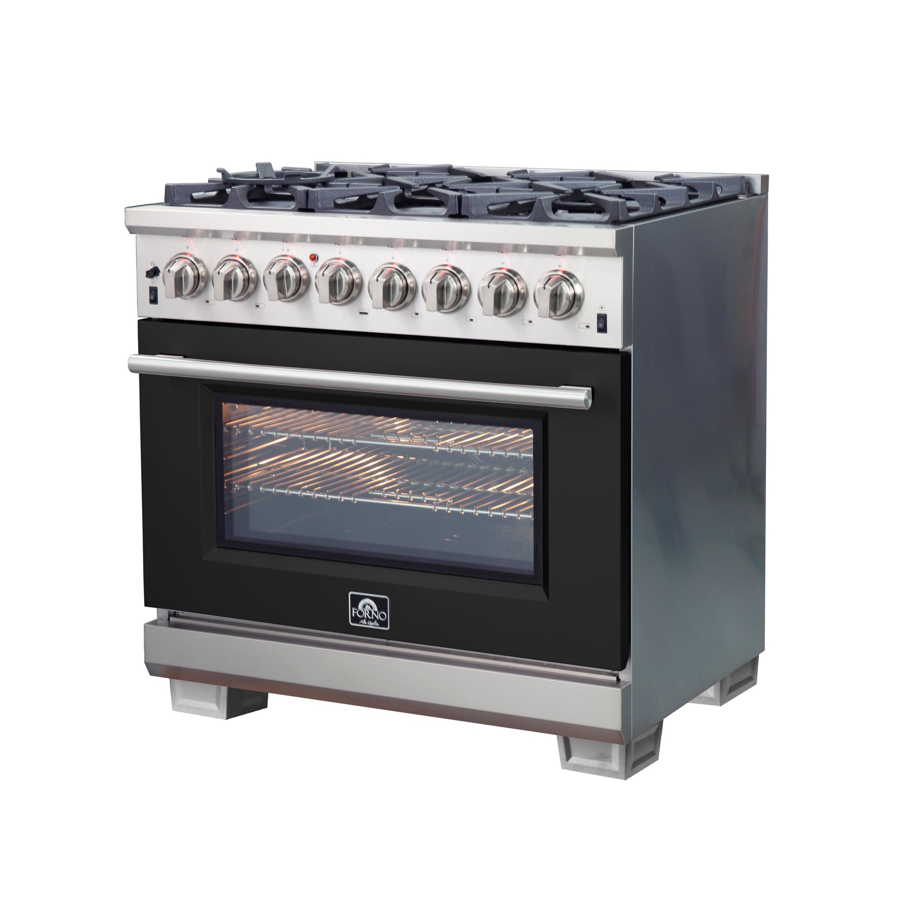 Forno Capriasca 36-Inch Freestanding Dual Fuel Range, 6 Burners, True Convection Oven, Black Door - BonPrix Électroménagers