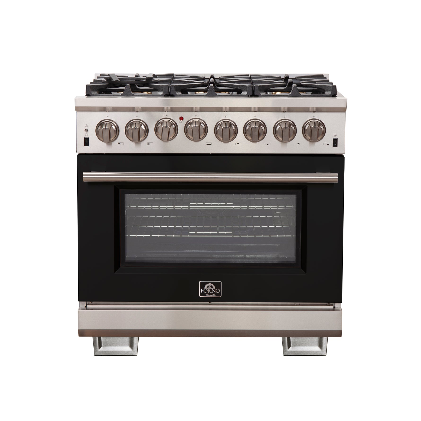 Forno Capriasca 36-Inch Freestanding Dual Fuel Range, 6 Burners, True Convection Oven, Black Door - BonPrix Électroménagers