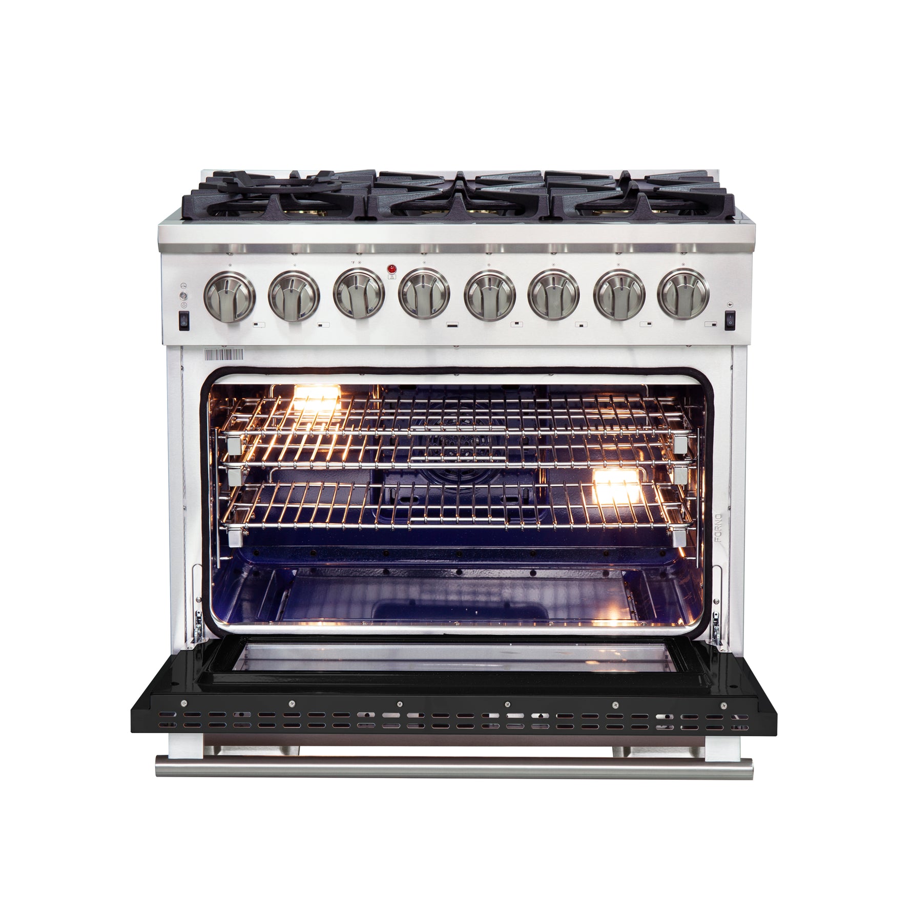 Forno Capriasca 36-Inch Freestanding Dual Fuel Range, 6 Burners, True Convection Oven, Black Door - BonPrix Électroménagers