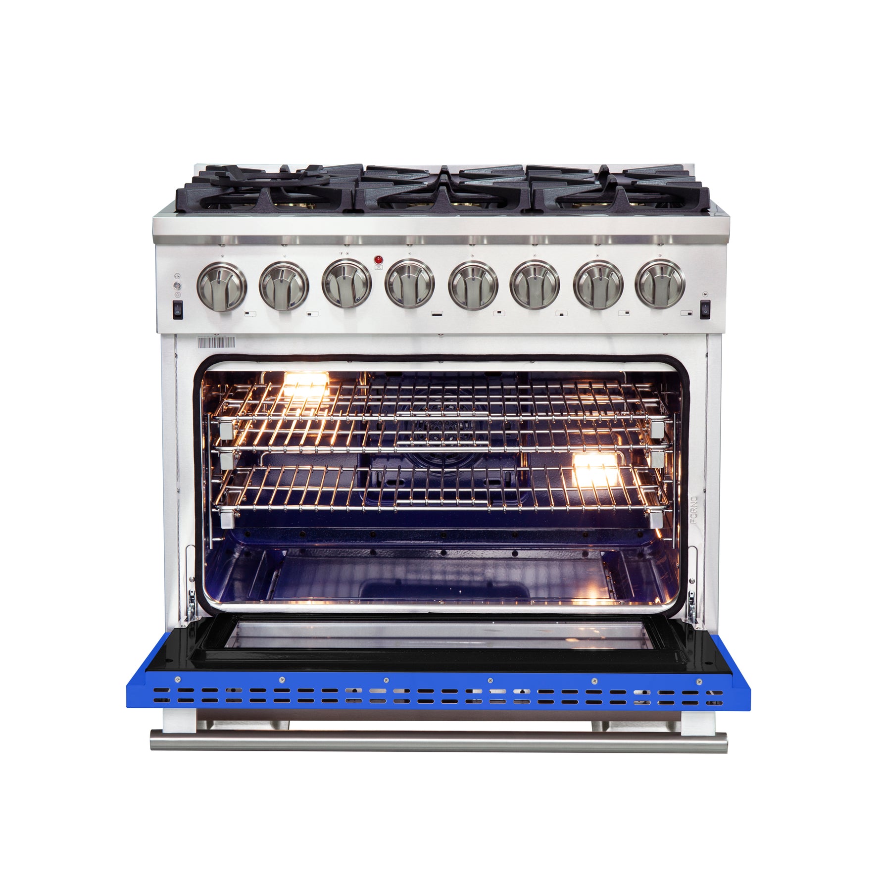 Forno Capriasca 36-Inch Freestanding Dual Fuel Range, 6 Burners, True Convection Oven, Blue Door - BonPrix Électroménagers