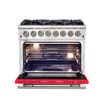 Forno Capriasca 36-Inch Freestanding Dual Fuel Range, 6 Burners, True Convection Oven, Red Door - BonPrix Électroménagers
