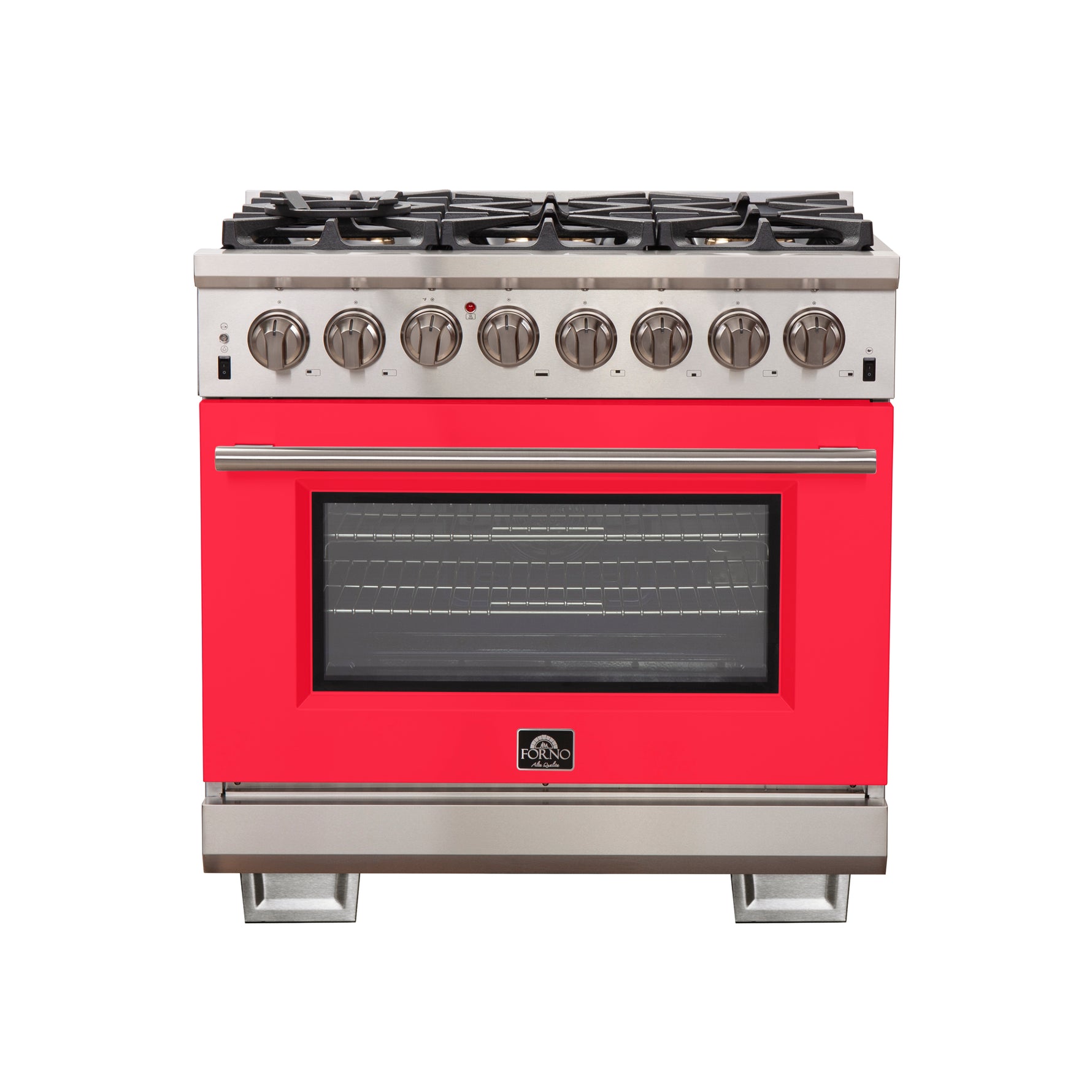 Forno Capriasca 36-Inch Freestanding Dual Fuel Range, 6 Burners, True Convection Oven, Red Door - BonPrix Électroménagers