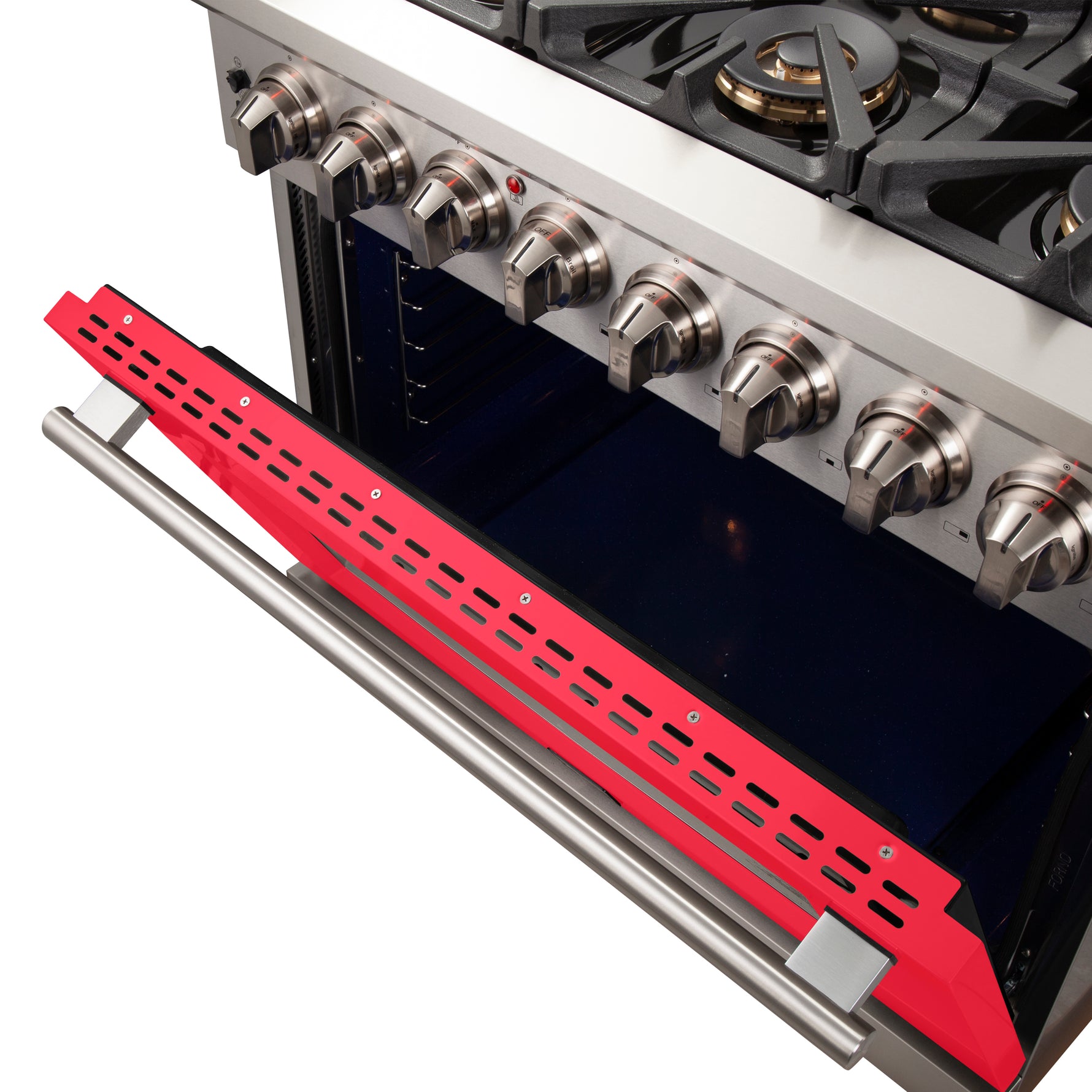 Forno Capriasca 36-Inch Freestanding Dual Fuel Range, 6 Burners, True Convection Oven, Red Door - BonPrix Électroménagers