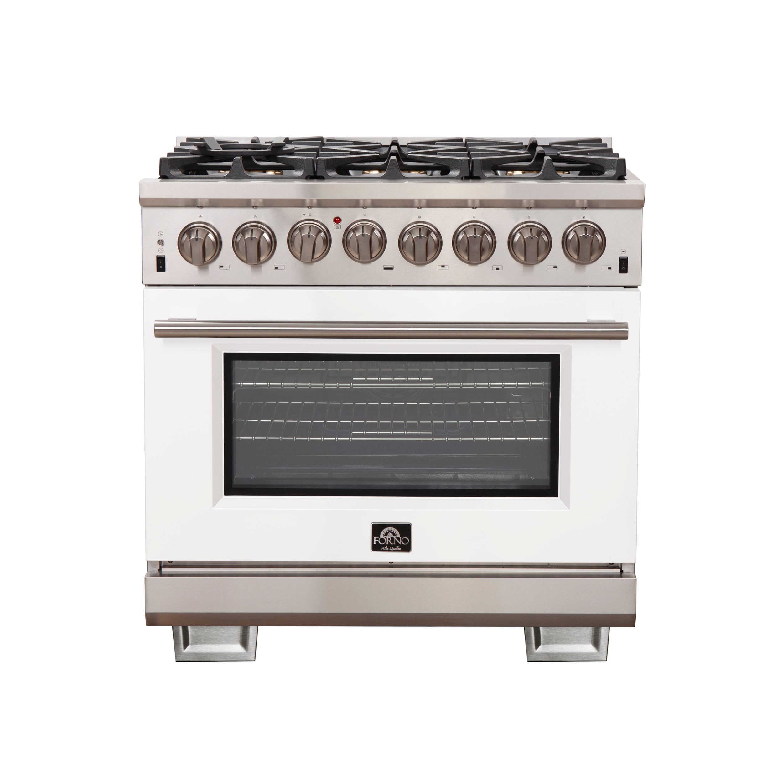 Forno Capriasca 36-Inch Freestanding Dual Fuel Range, 6 Burners, True Convection Oven, White Door - BonPrix Électroménagers