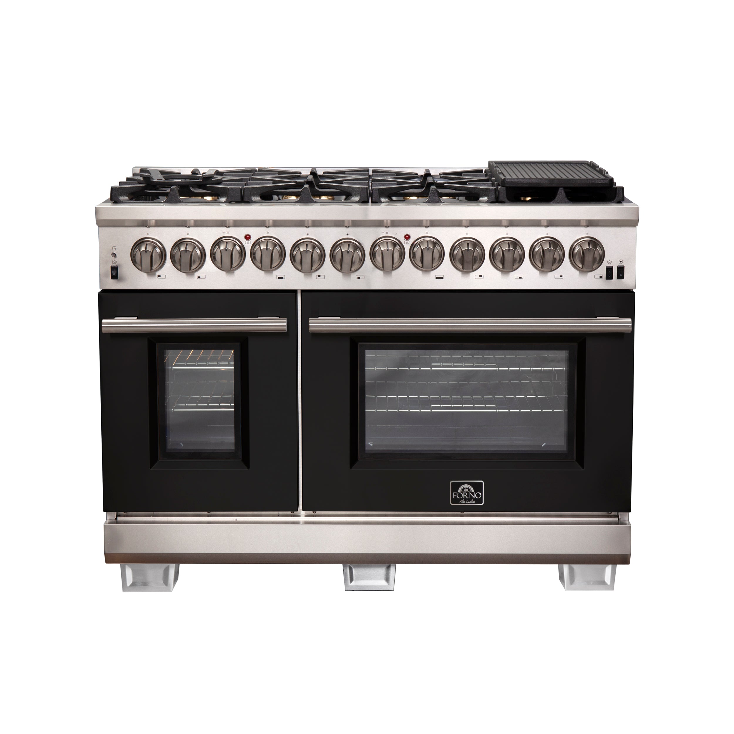 Forno Capriasca 48-Inch Freestanding Dual Fuel Range, 8 Burners, True Convection Oven, Black Doors - BonPrix Électroménagers