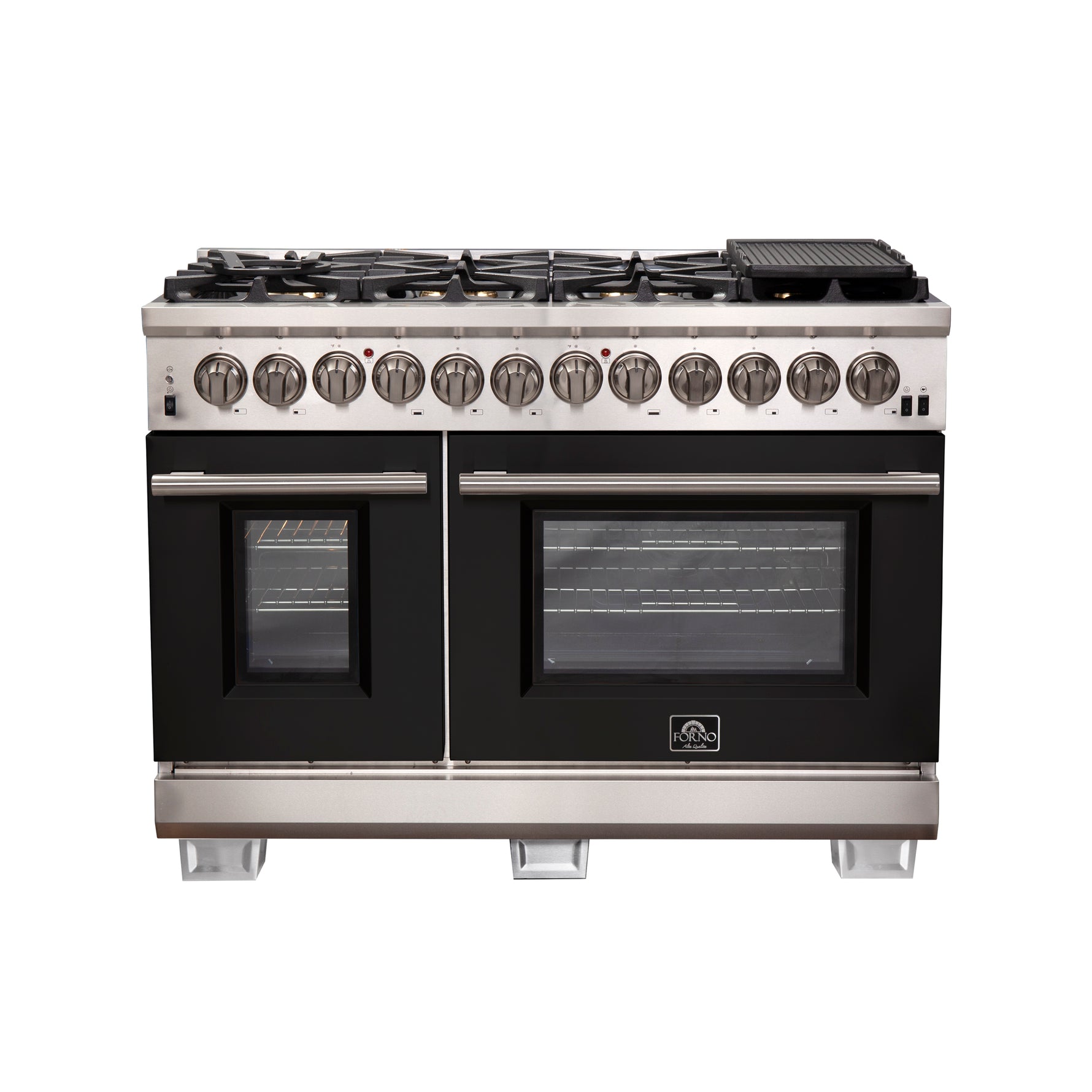 Forno Capriasca 48-Inch Freestanding Dual Fuel Range, 8 Burners, True Convection Oven, Black Doors - BonPrix Électroménagers