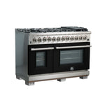 Forno Capriasca 48-Inch Freestanding Dual Fuel Range, 8 Burners, True Convection Oven, Black Doors - BonPrix Électroménagers