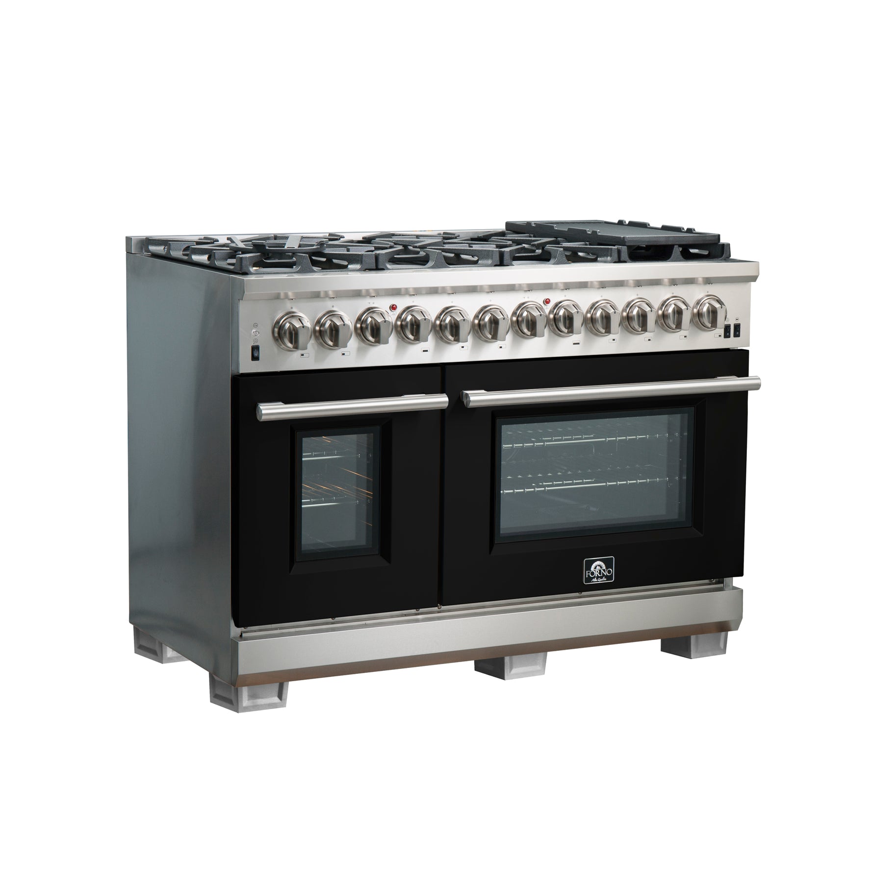 Forno Capriasca 48-Inch Freestanding Dual Fuel Range, 8 Burners, True Convection Oven, Black Doors - BonPrix Électroménagers