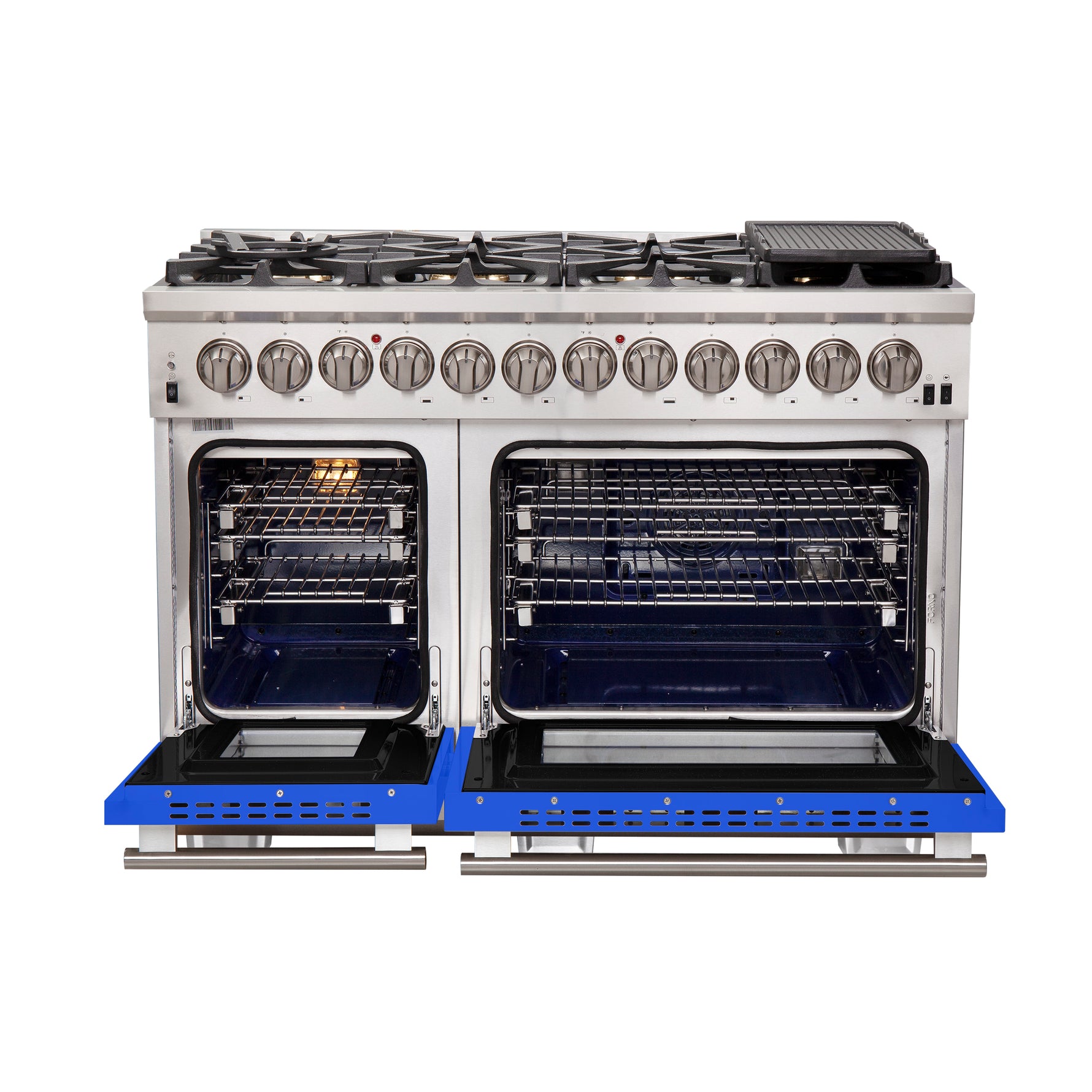 Forno Capriasca 48-Inch Freestanding Dual Fuel Range, 8 Burners, True Convection Oven, Blue Doors - BonPrix Électroménagers