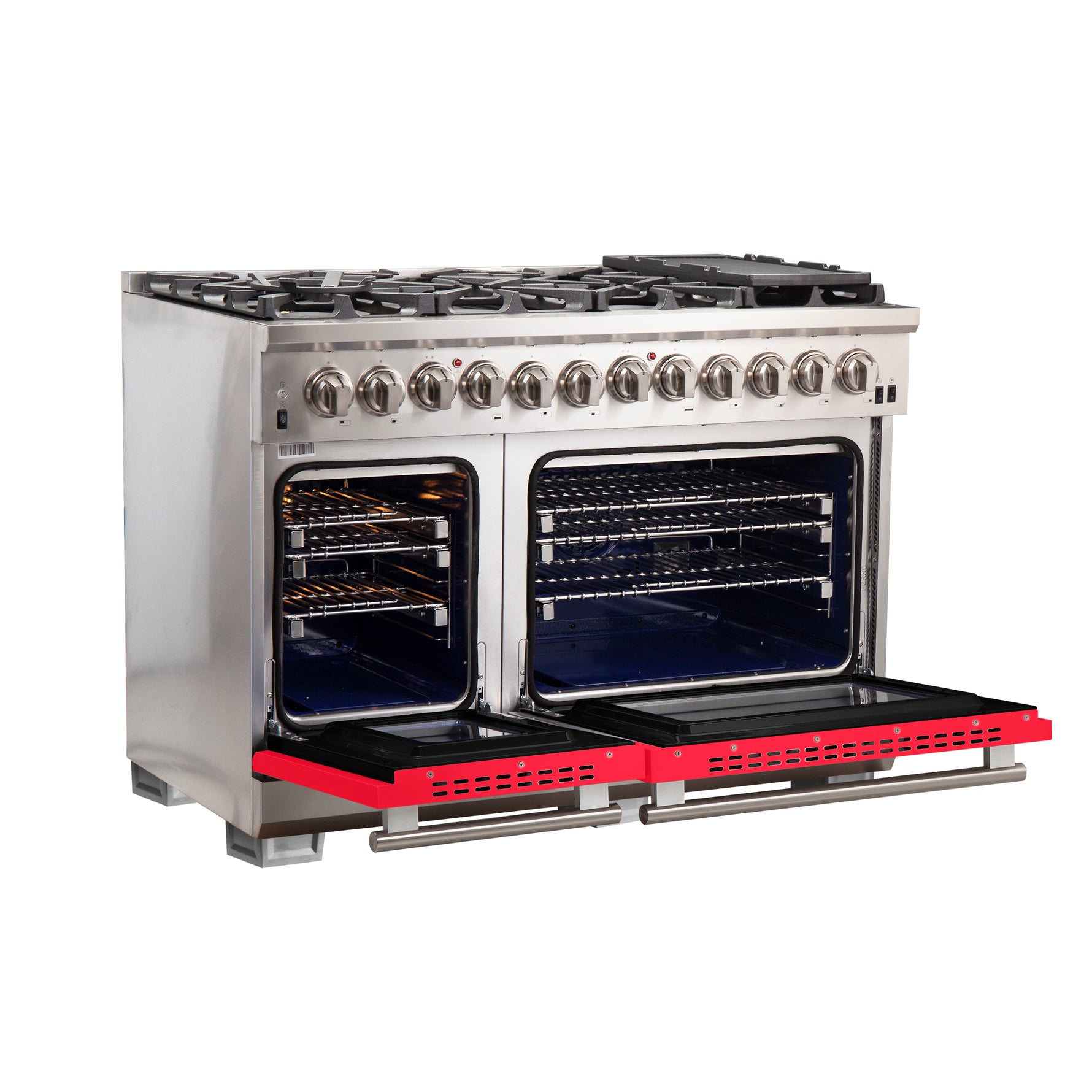 Forno Capriasca 48-Inch Freestanding Dual Fuel Range, 8 Burners, True Convection Oven, Red Doors - BonPrix Électroménagers