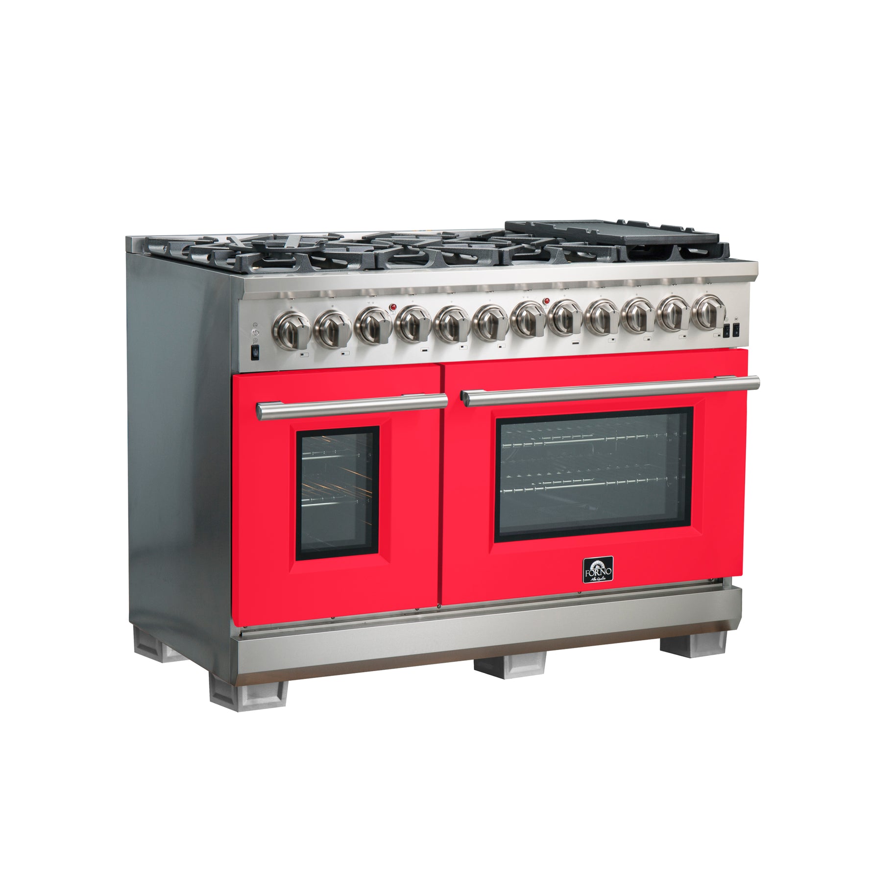 Forno Capriasca 48-Inch Freestanding Dual Fuel Range, 8 Burners, True Convection Oven, Red Doors - BonPrix Électroménagers