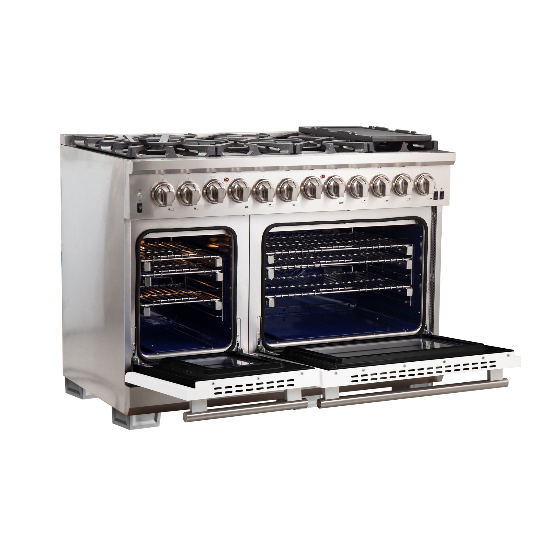 Forno Capriasca 48-Inch Freestanding Dual Fuel Range, 8 Burners, True Convection Oven, White Doors - BonPrix Électroménagers