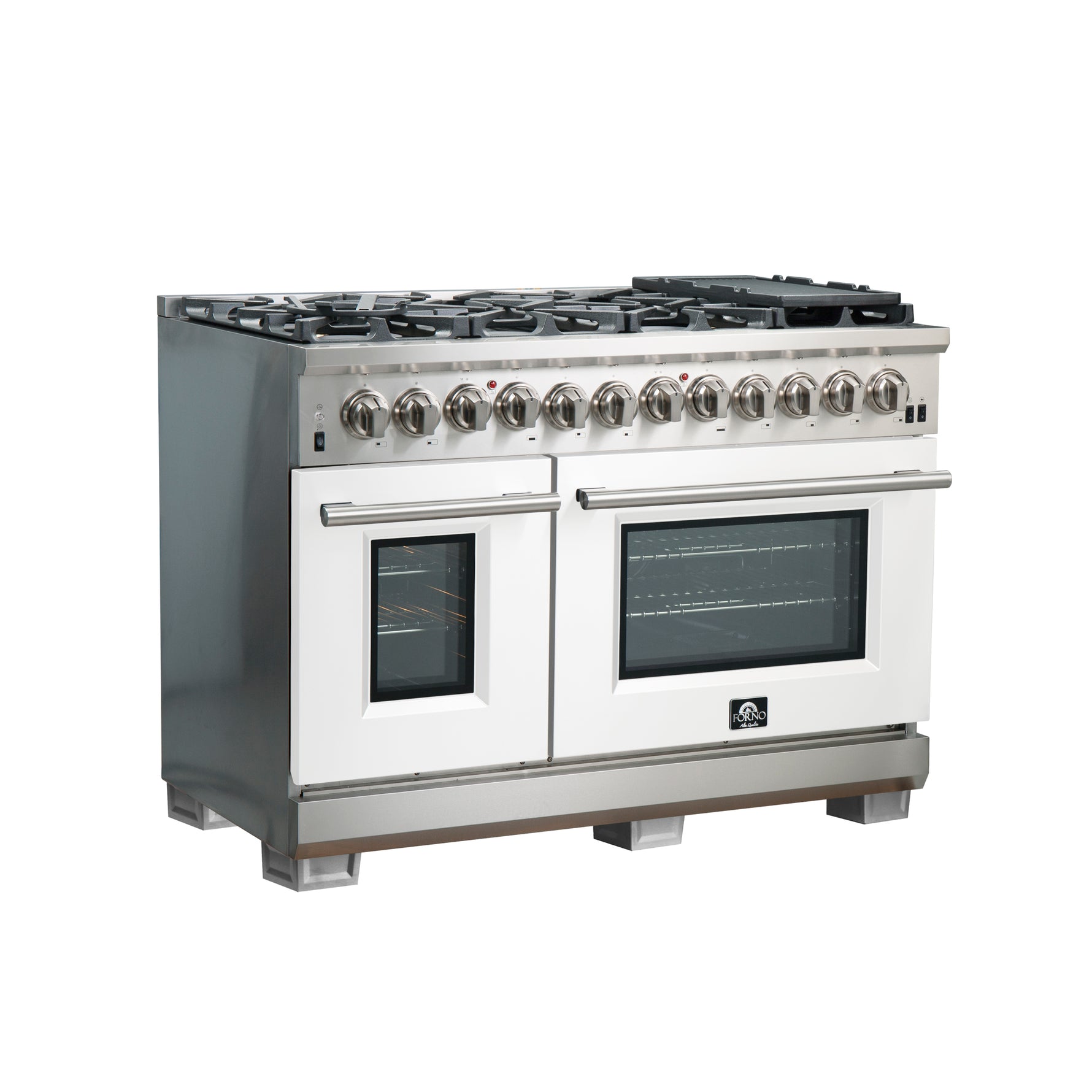 Forno Capriasca 48-Inch Freestanding Dual Fuel Range, 8 Burners, True Convection Oven, White Doors - BonPrix Électroménagers