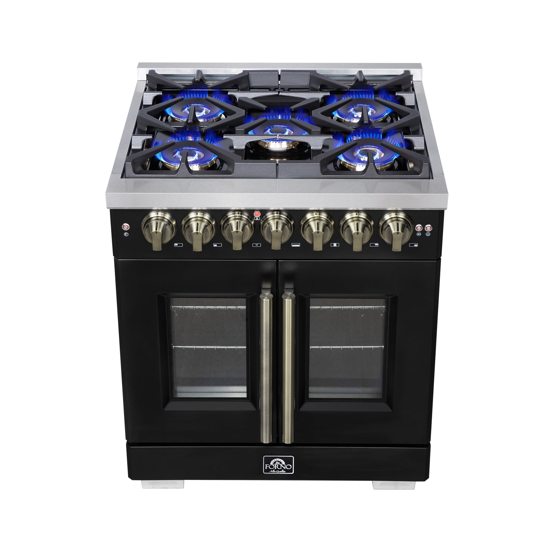 Forno Capriasca 30-Inch Freestanding French Door Dual Fuel Range in Black with Antique Brass Accessories, 5 Burners, True Convection Oven - BonPrix Électroménagers