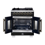 Forno Capriasca 30-Inch Freestanding French Door Dual Fuel Range in Black with Antique Brass Accessories, 5 Burners, True Convection Oven - BonPrix Électroménagers
