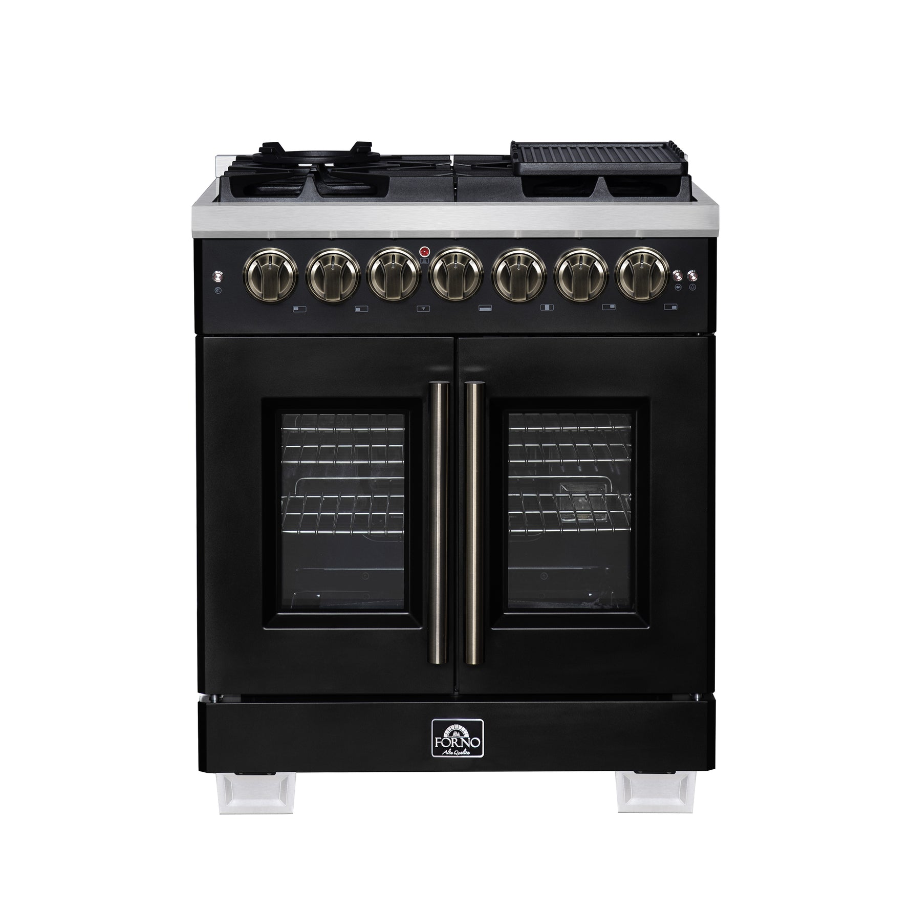 Forno Capriasca 30-Inch Freestanding French Door Dual Fuel Range in Black with Antique Brass Accessories, 5 Burners, True Convection Oven - BonPrix Électroménagers