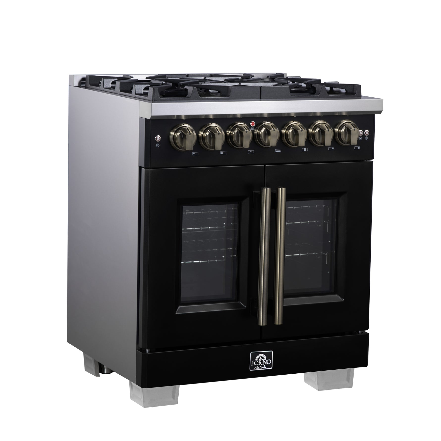 Forno Capriasca 30-Inch Freestanding French Door Dual Fuel Range in Black with Antique Brass Accessories, 5 Burners, True Convection Oven - BonPrix Électroménagers