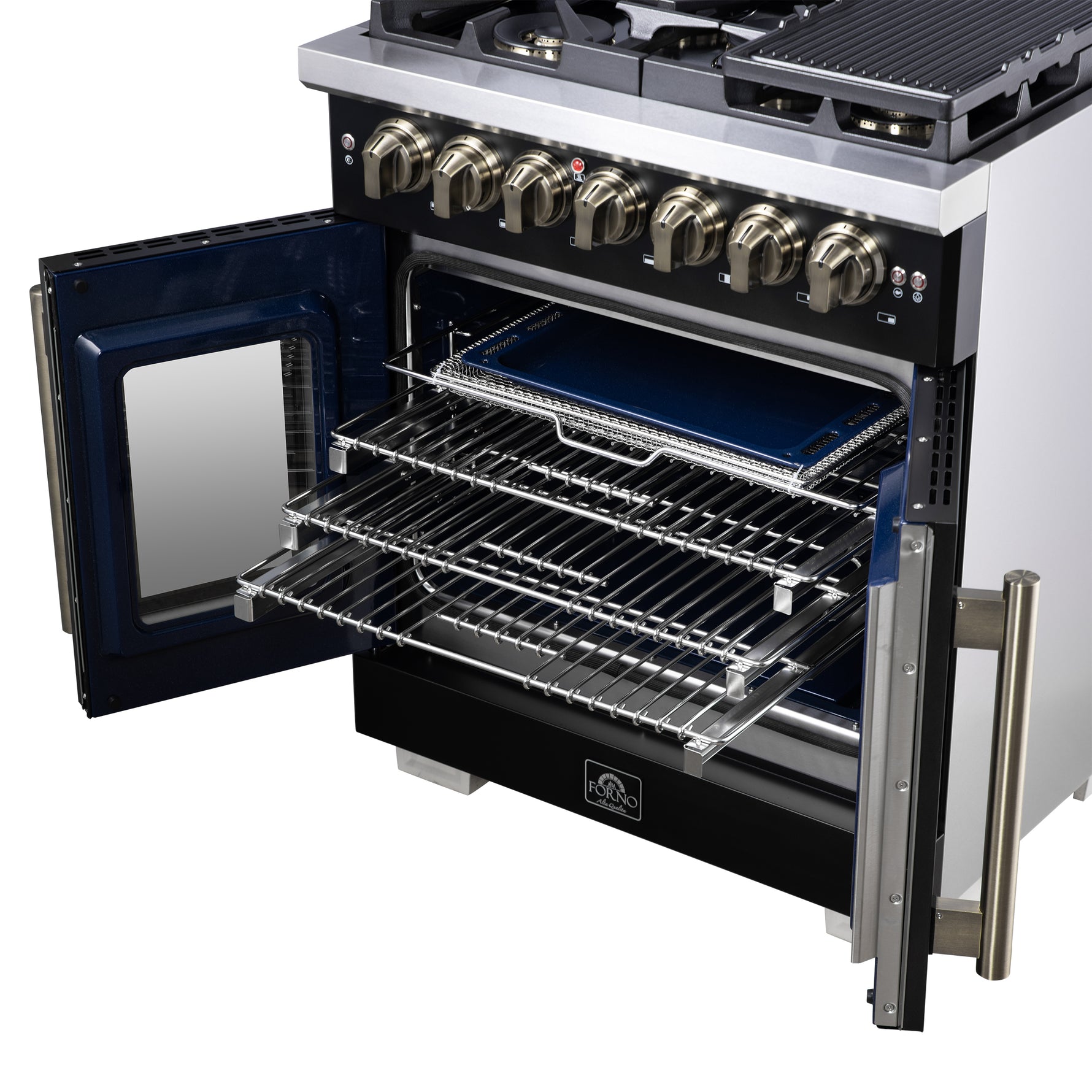 Forno Capriasca 30-Inch Freestanding French Door Dual Fuel Range in Black with Antique Brass Accessories, 5 Burners, True Convection Oven - BonPrix Électroménagers