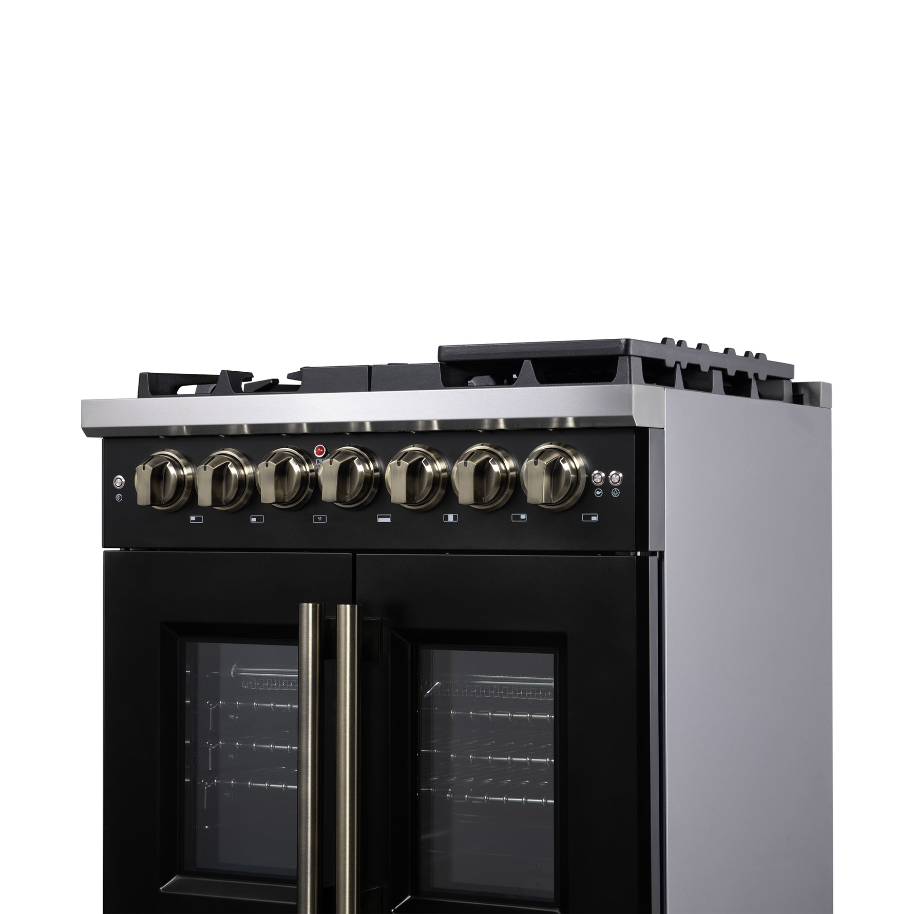 Forno Capriasca 30-Inch Freestanding French Door Dual Fuel Range in Black with Antique Brass Accessories, 5 Burners, True Convection Oven - BonPrix Électroménagers