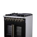 Forno Capriasca 30-Inch Freestanding French Door Dual Fuel Range in Black with Antique Brass Accessories, 5 Burners, True Convection Oven - BonPrix Électroménagers