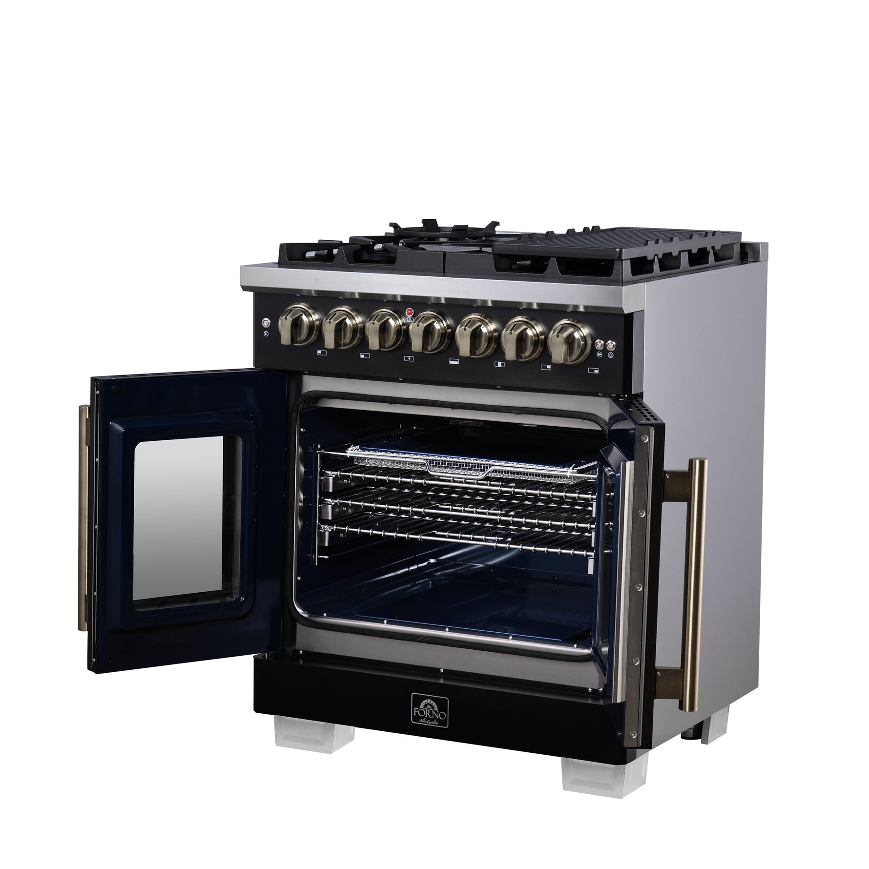 Forno Capriasca 30-Inch Freestanding French Door Dual Fuel Range in Black with Antique Brass Accessories, 5 Burners, True Convection Oven - BonPrix Électroménagers
