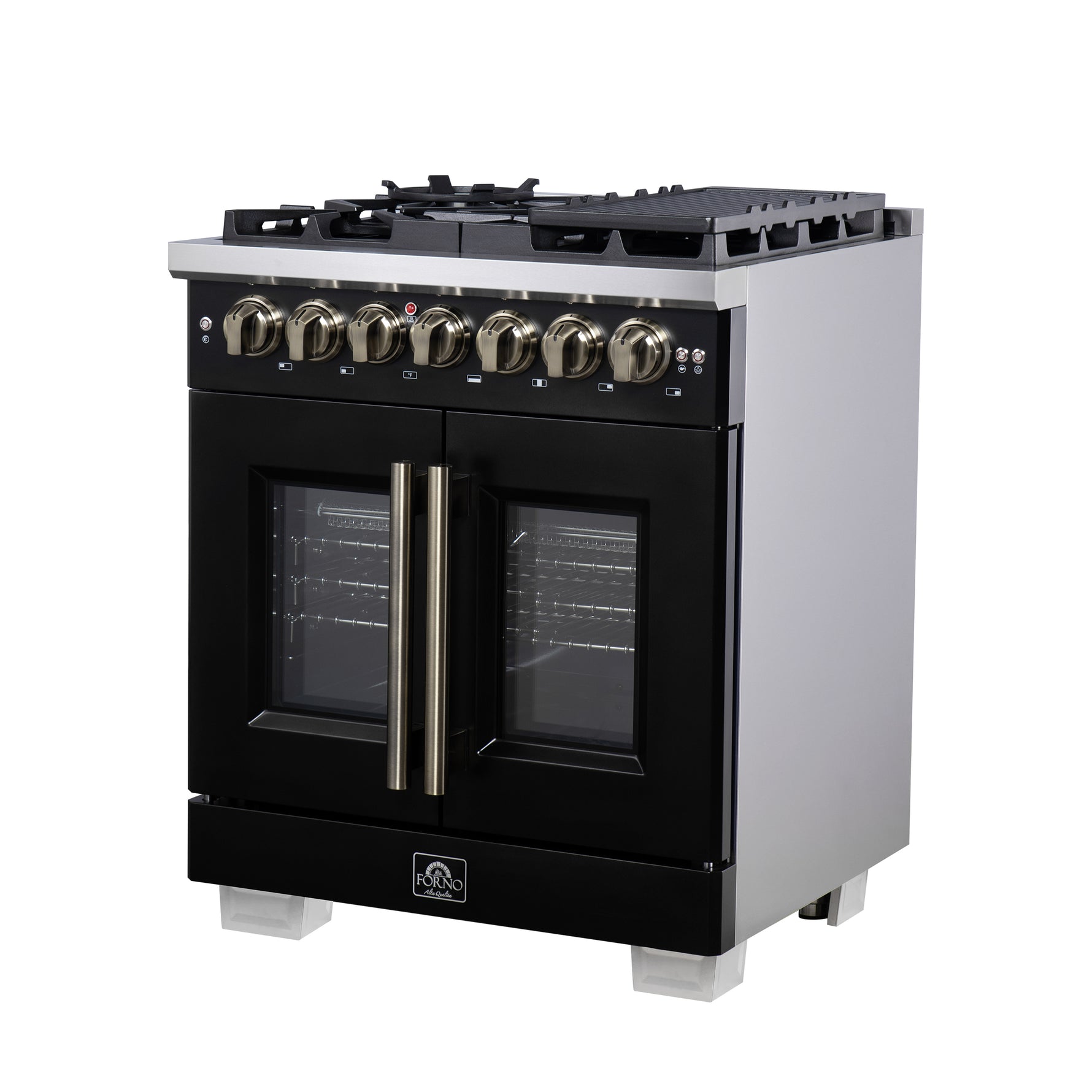 Forno Capriasca 30-Inch Freestanding French Door Dual Fuel Range in Black with Antique Brass Accessories, 5 Burners, True Convection Oven - BonPrix Électroménagers
