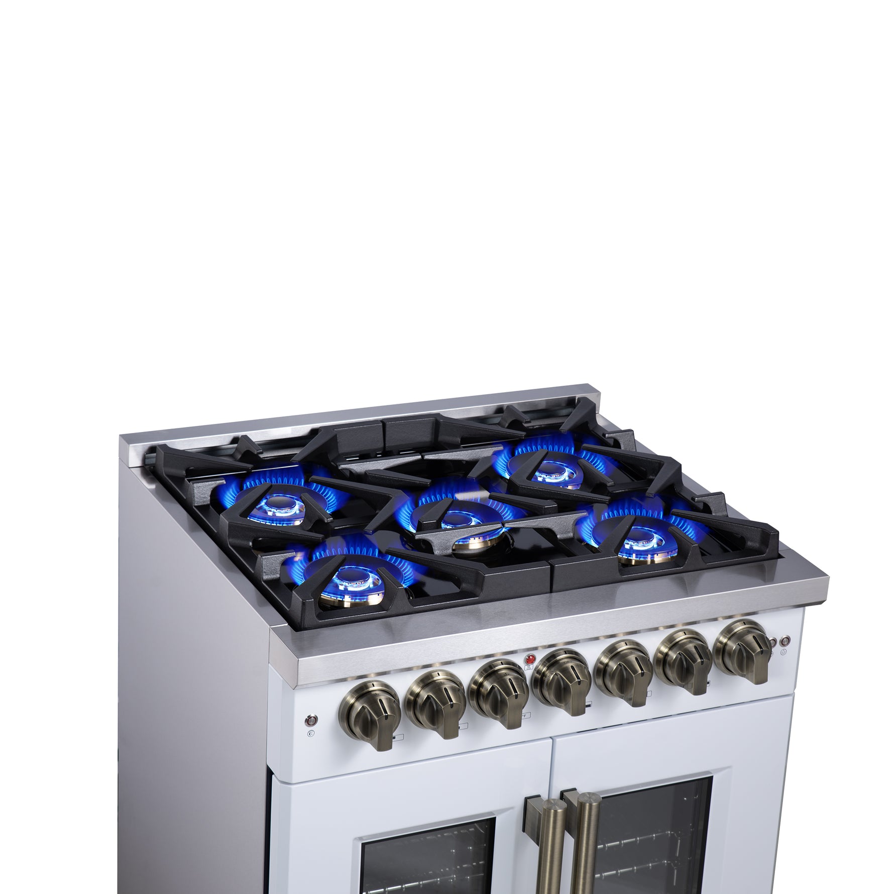 Forno Capriasca 30-Inch Freestanding French Door Dual Fuel Range in White with Antique Brass Accessories, 5 Burners, True Convection Oven - BonPrix Électroménagers
