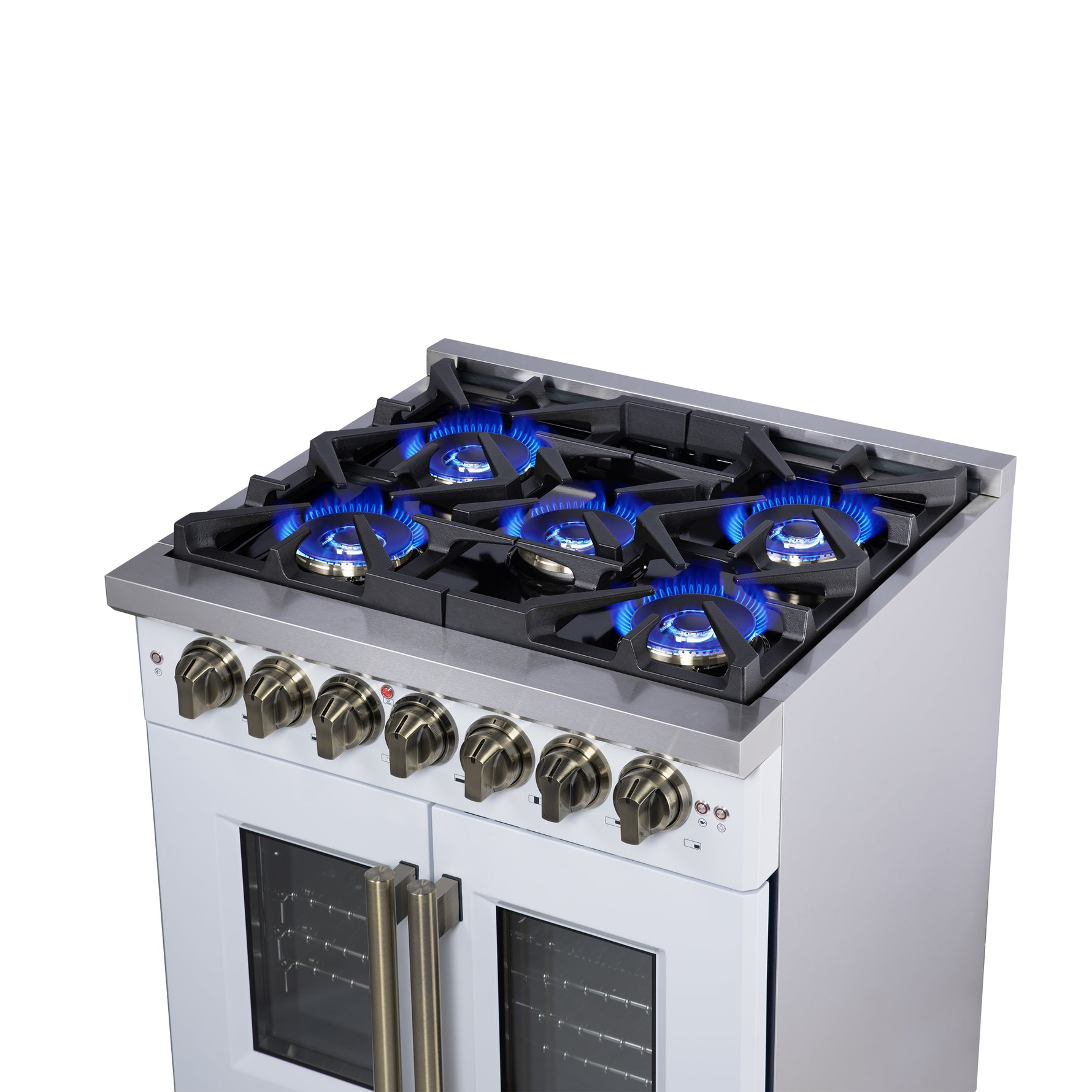 Forno Capriasca 30-Inch Freestanding French Door Dual Fuel Range in White with Antique Brass Accessories, 5 Burners, True Convection Oven - BonPrix Électroménagers