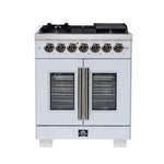 Forno Capriasca 30-Inch Freestanding French Door Dual Fuel Range in White with Antique Brass Accessories, 5 Burners, True Convection Oven - BonPrix Électroménagers