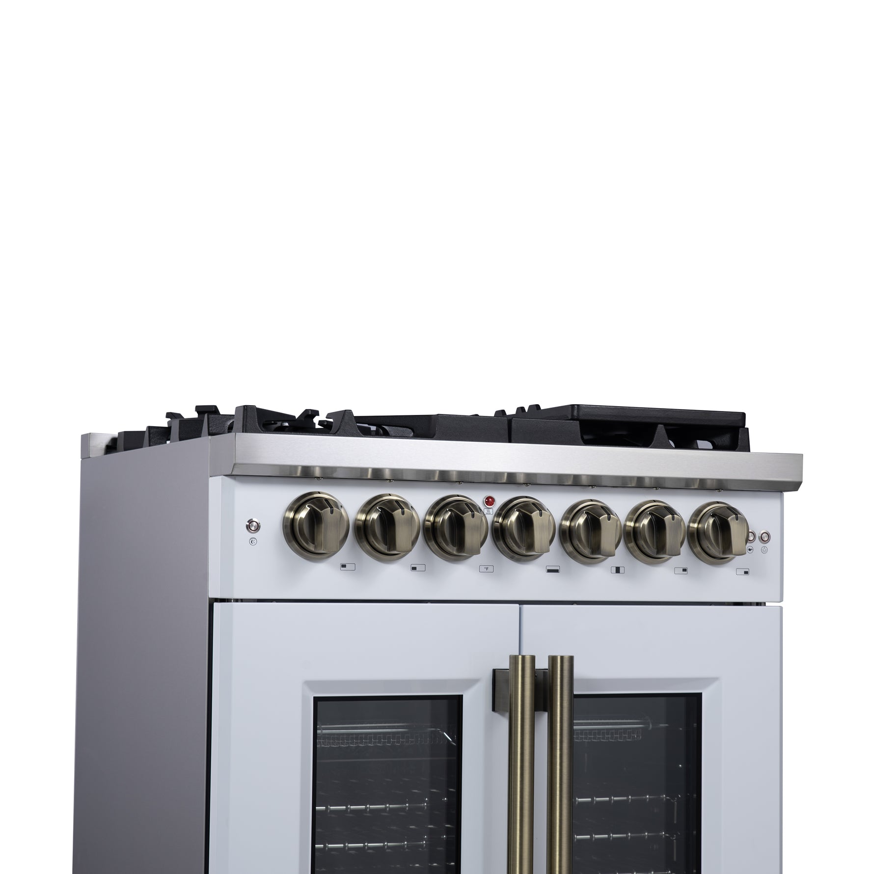 Forno Capriasca 30-Inch Freestanding French Door Dual Fuel Range in White with Antique Brass Accessories, 5 Burners, True Convection Oven - BonPrix Électroménagers